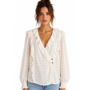 Maeve Anthropologie Laila Eyelet Ruffle Boho Blouse Ivory Cottagecore Size 8